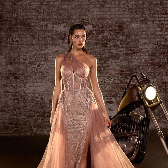 New One Shoulder Refined A-Line Gown w/ Sequins Embroidery & Overskirt CD J869 - Picture 4 of 9